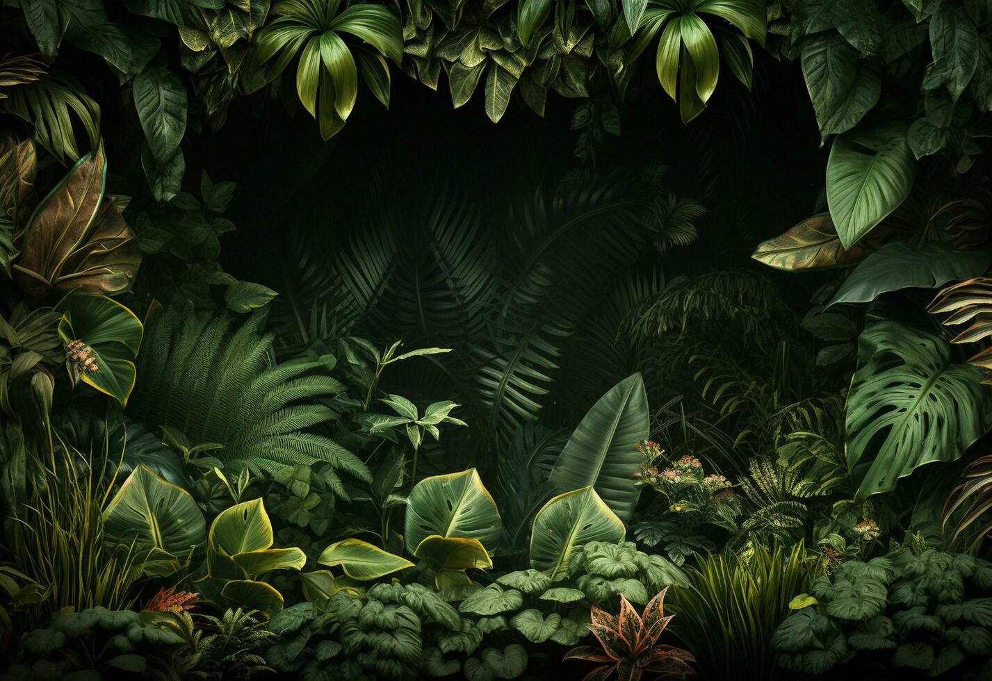 Ai Generative Beautiful jungle background with border made of tropical leaves backdrop with copy space photo