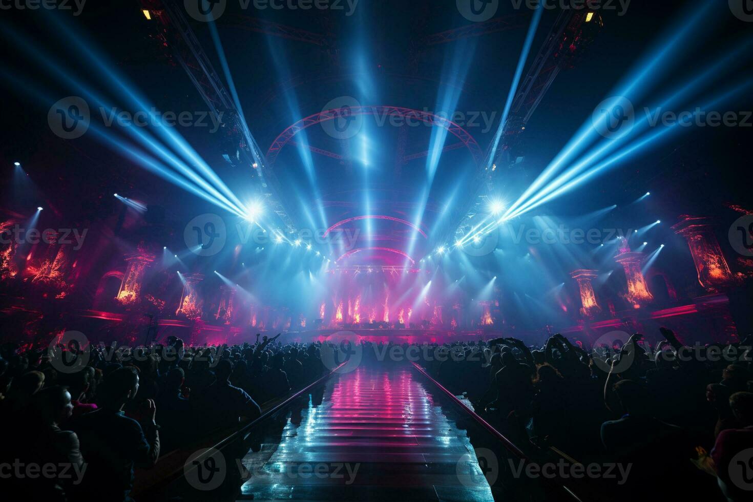 Ai generative Crowded Concert Stage Scenery With Spotlights and Colored Lights realistic image, ultra hd photo