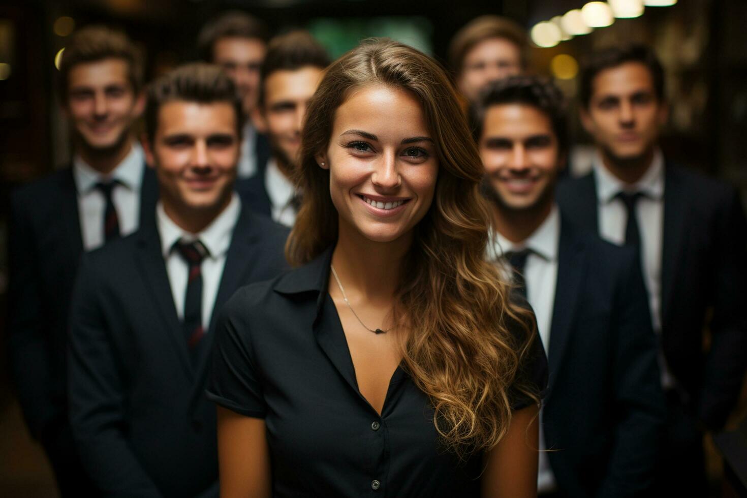 ai generativo grupo de contento negocio hombre y negocio mujer, vestido en trajes son sonriente, en el oficina foto