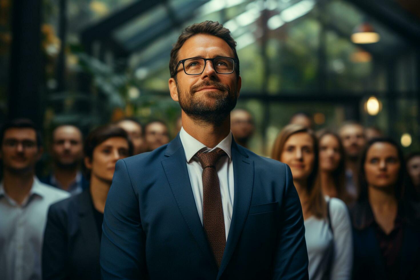 ai generativo grupo de contento negocio hombre y negocio mujer, vestido en trajes son sonriente, en el oficina foto