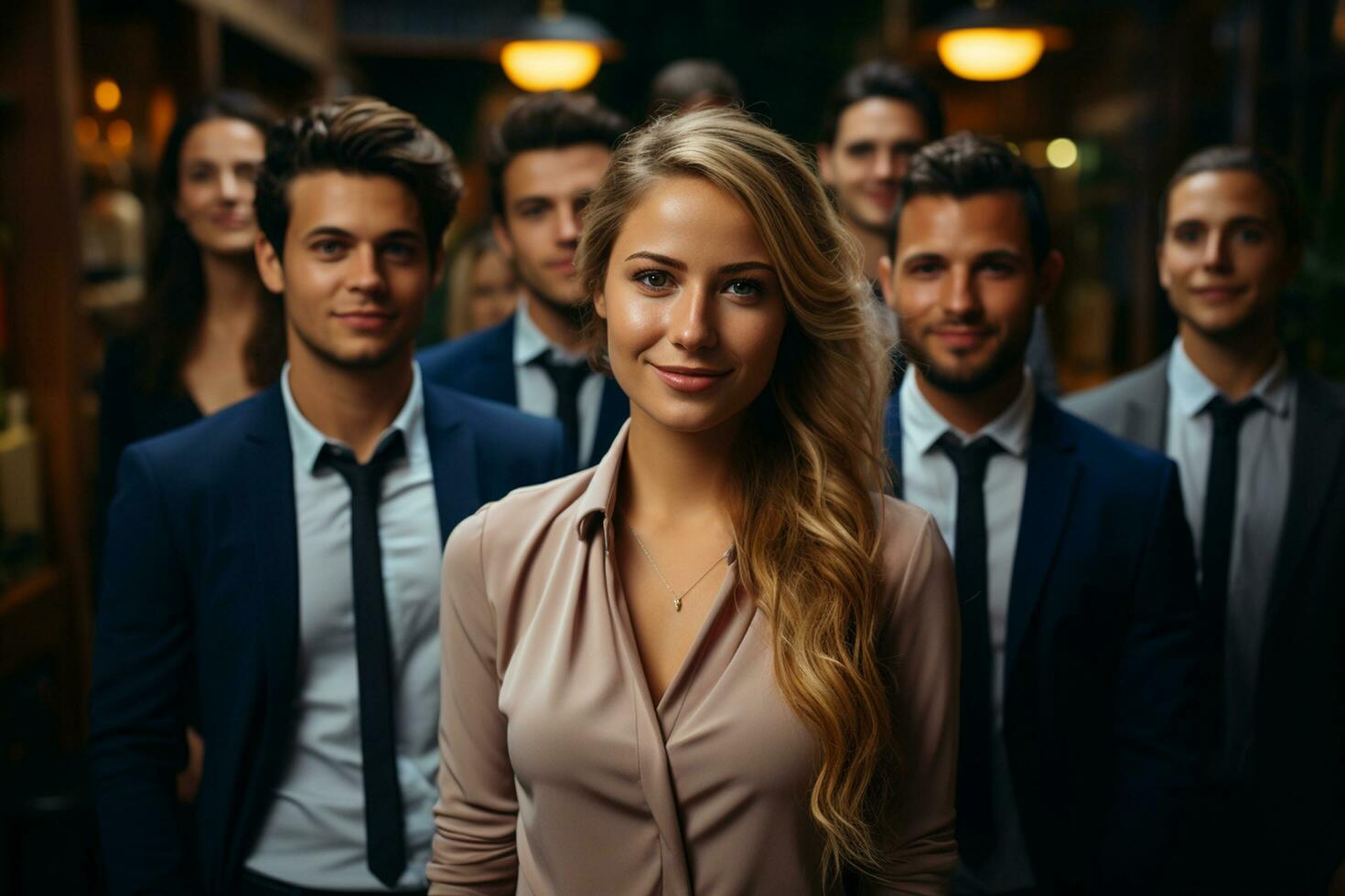 Ai Generative group of happy business man and business women, dressed in suits are smiling, in the office photo