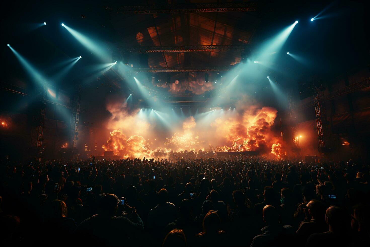 Ai generative Crowded Concert Stage Scenery With Spotlights and Colored Lights realistic image, ultra hd photo