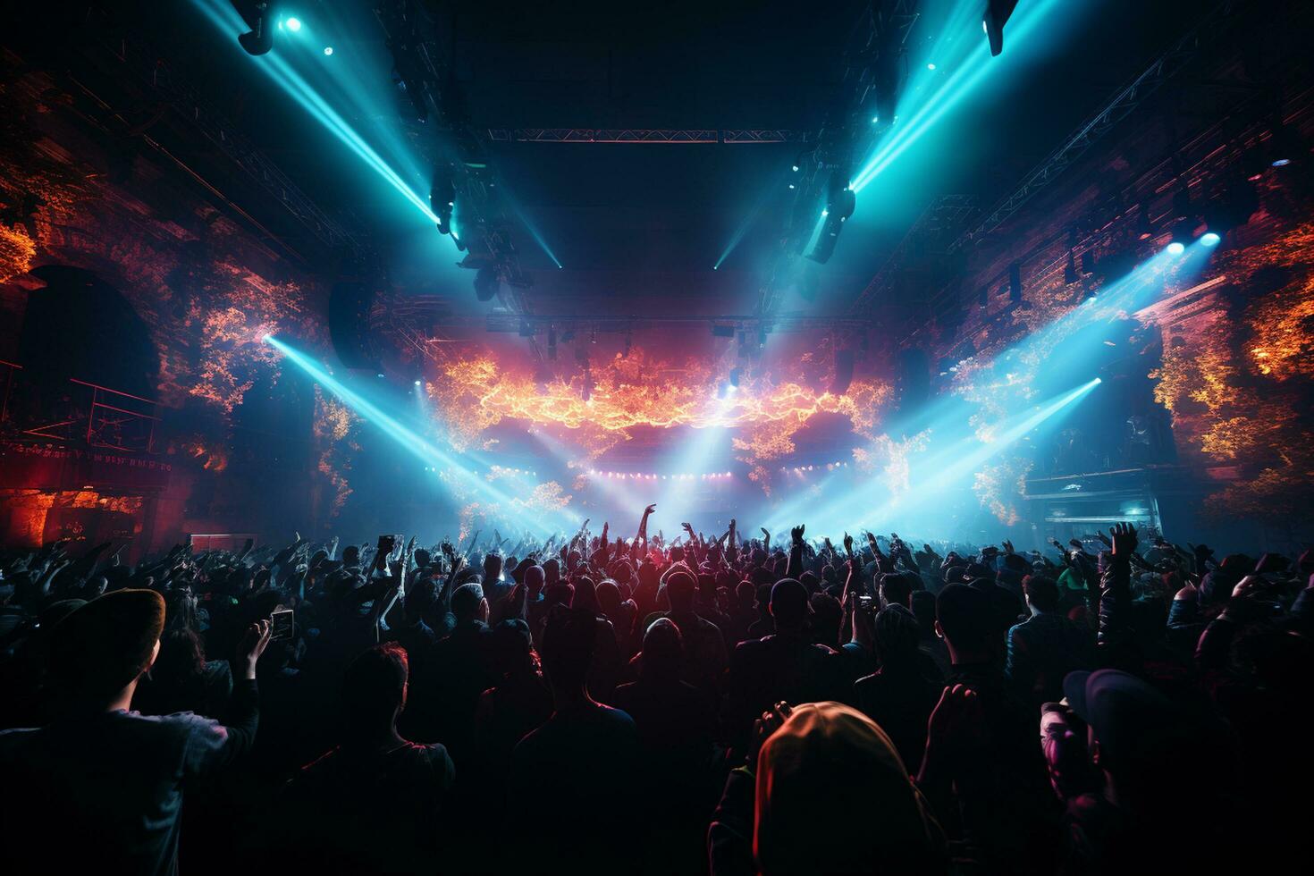 Ai generative Crowded Concert Stage Scenery With Spotlights and Colored Lights realistic image, ultra hd photo