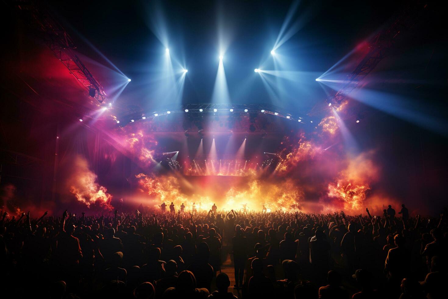 Ai generative Crowded Concert Stage Scenery With Spotlights and Colored Lights realistic image, ultra hd photo