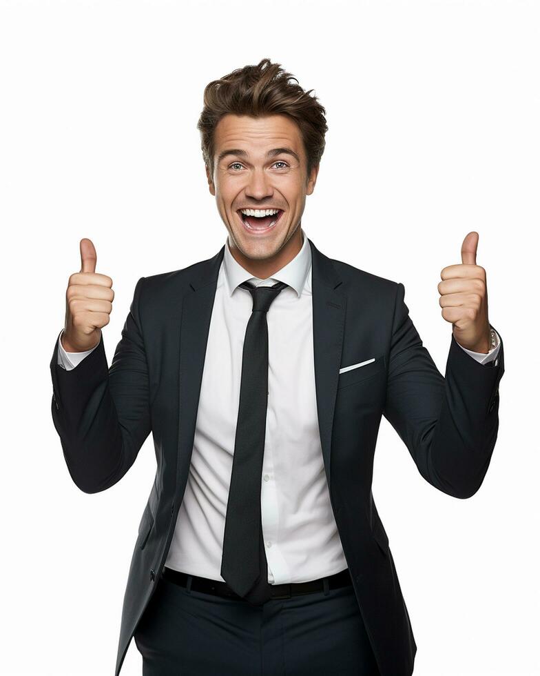 Ai generative photo business concept portrait of excited man dressed in formal wear giving thumbs up