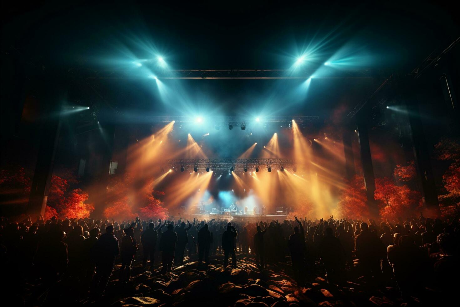 Ai generative Crowded Concert Stage Scenery With Spotlights and Colored Lights realistic image, ultra hd photo