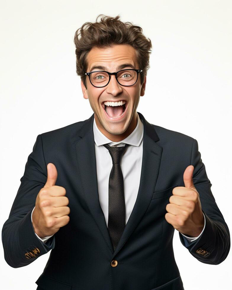 Ai generative photo business concept portrait of excited man dressed in formal wear giving thumbs up