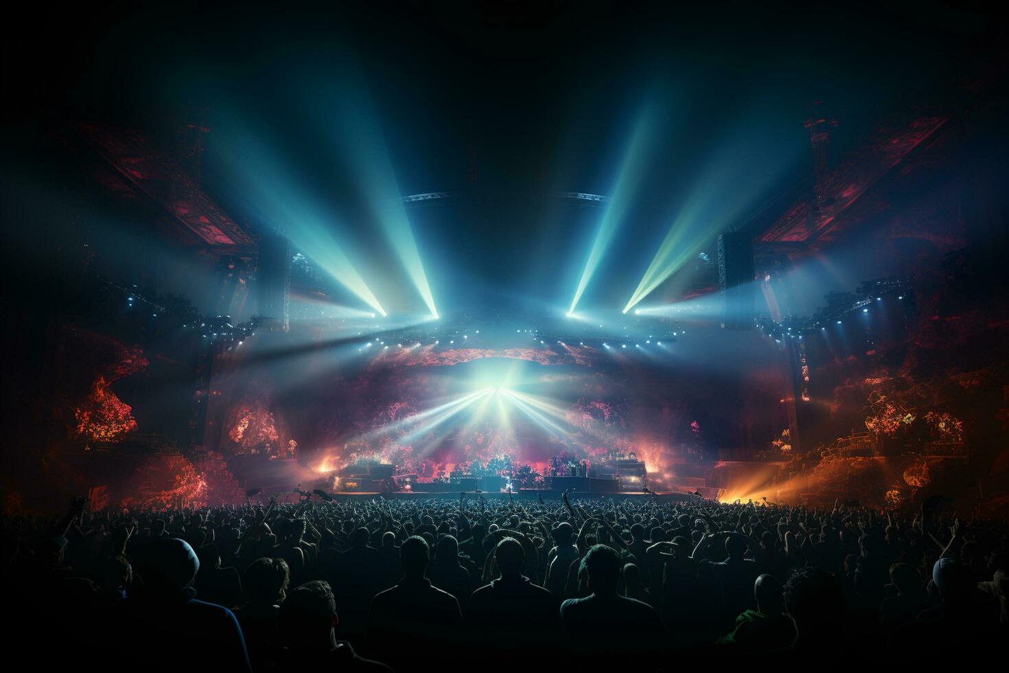 Ai generative Crowded Concert Stage Scenery With Spotlights and Colored Lights realistic image, ultra hd photo