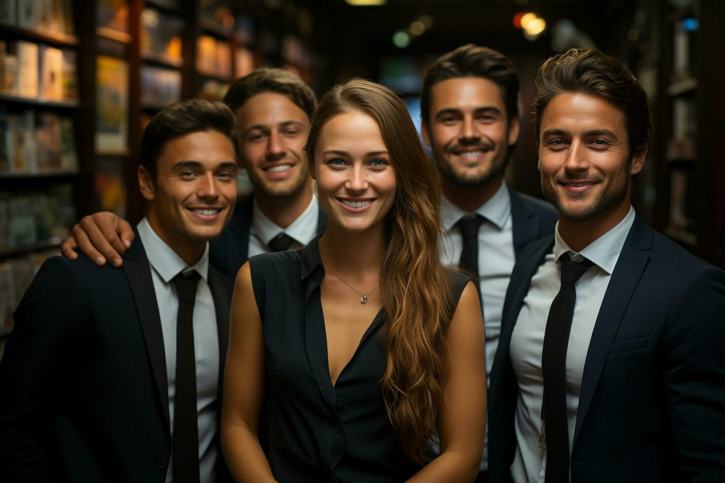 Ai Generative group of happy business man and business women, dressed in suits are smiling, in the office photo