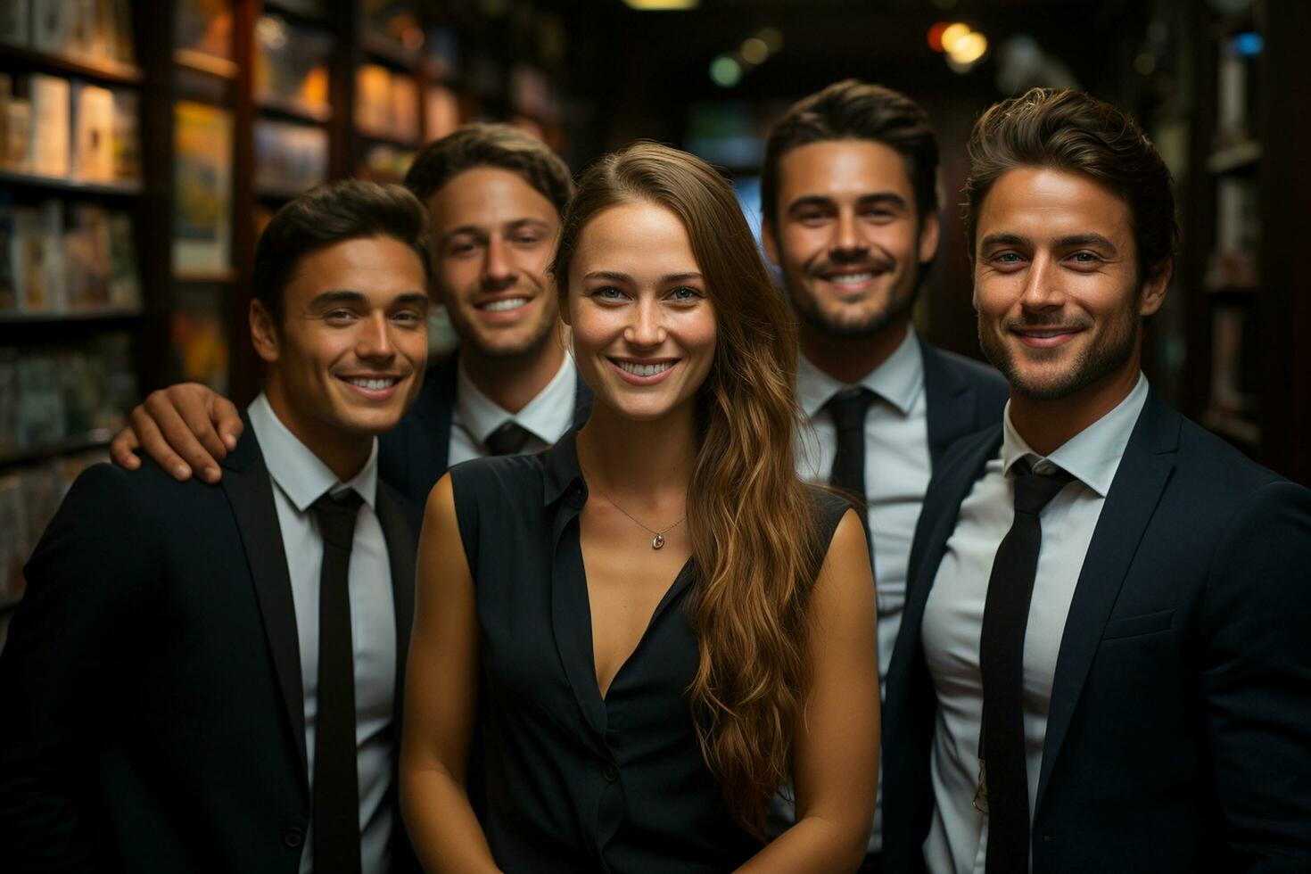 Ai Generative group of happy business man and business women, dressed in suits are smiling, in the office photo