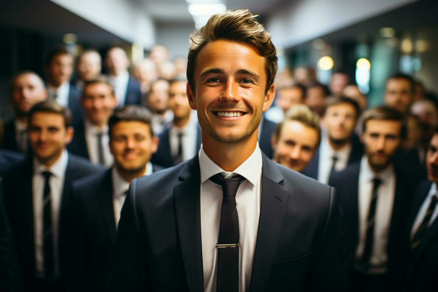 ai generativo grupo de contento negocio hombre y negocio mujer, vestido en trajes son sonriente, en el oficina foto