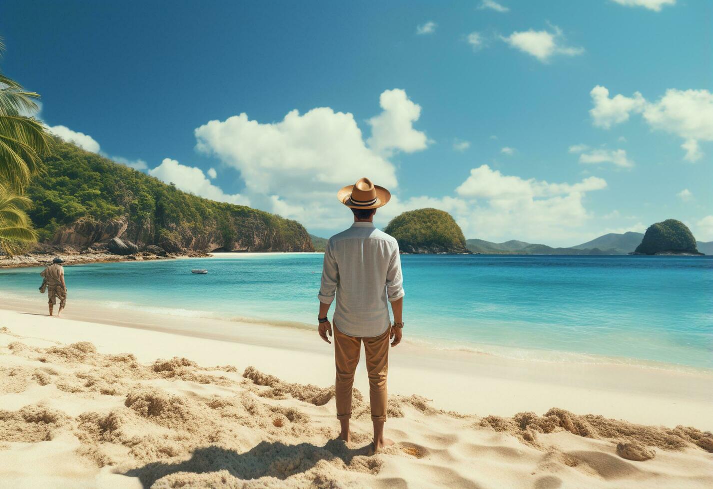 Ai generative back view young tourist man in summer dress and hat standing on beautiful sandy beach. enjoying. photo