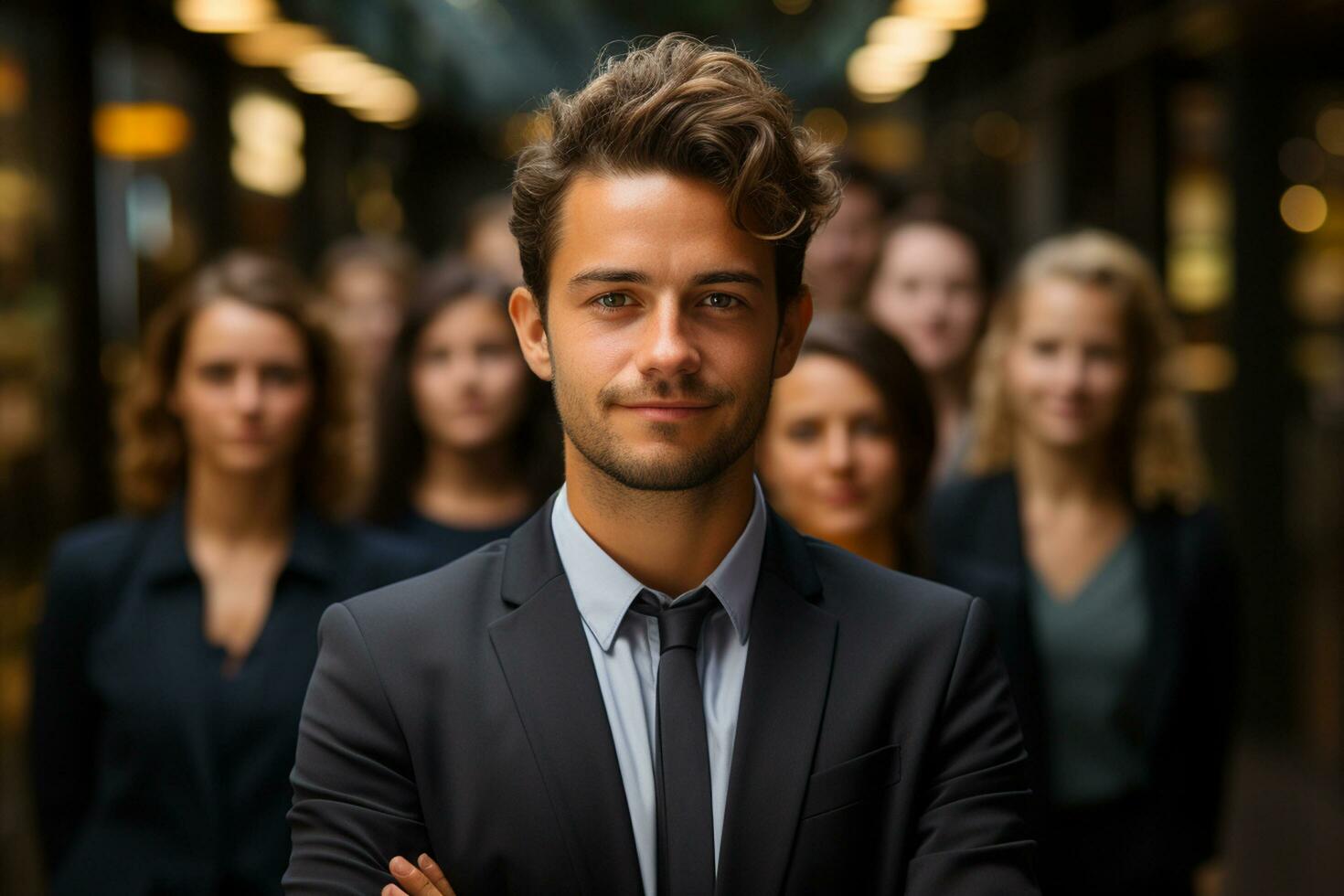 Ai Generative group of happy business man and business women, dressed in suits are smiling, in the office photo