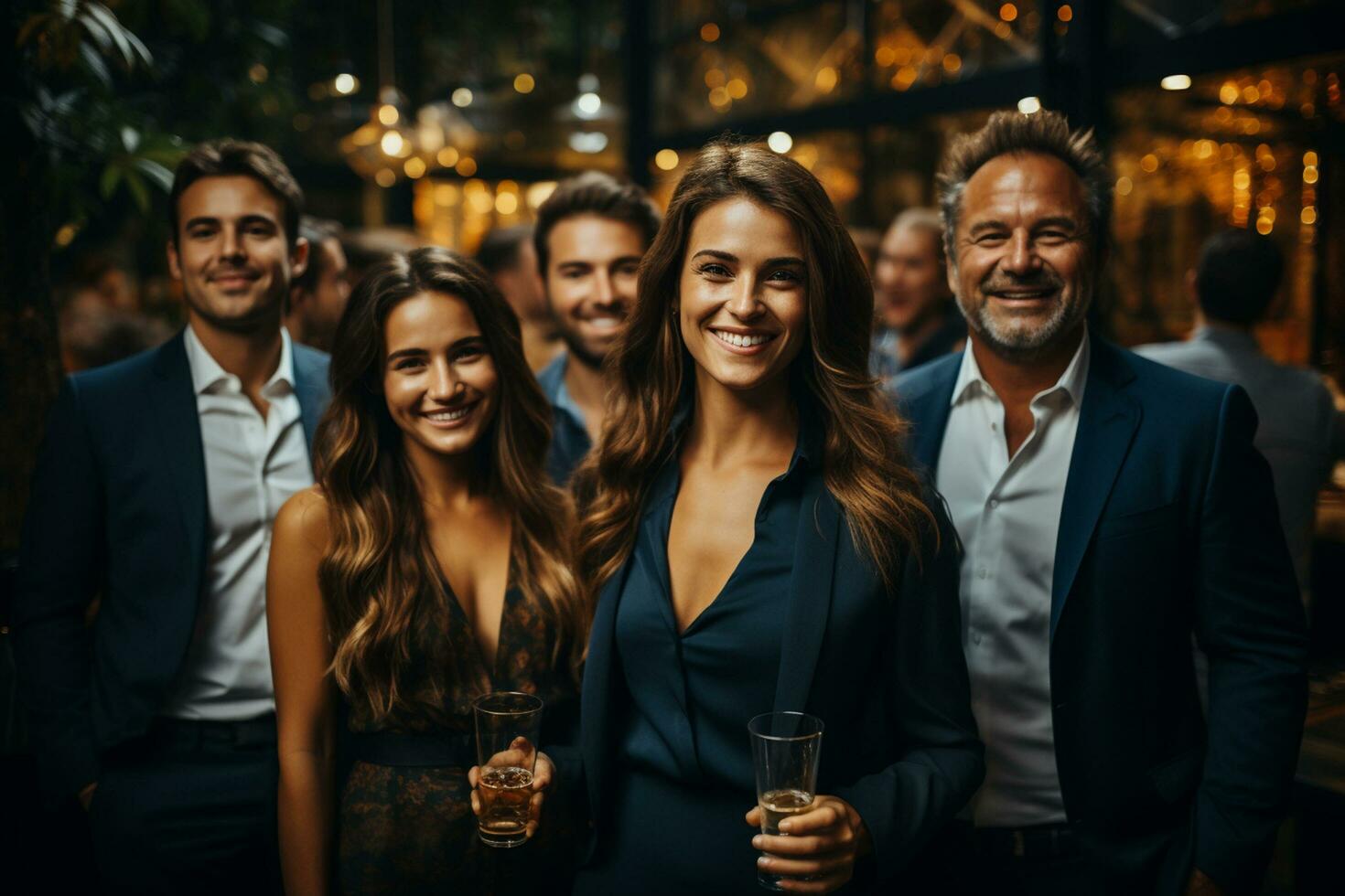 Ai Generative group of happy business man and business women, dressed in suits are smiling, in the office photo