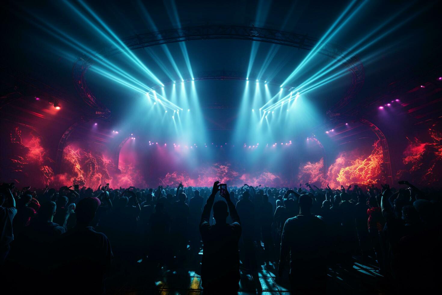 Ai generative Crowded Concert Stage Scenery With Spotlights and Colored Lights realistic image, ultra hd photo