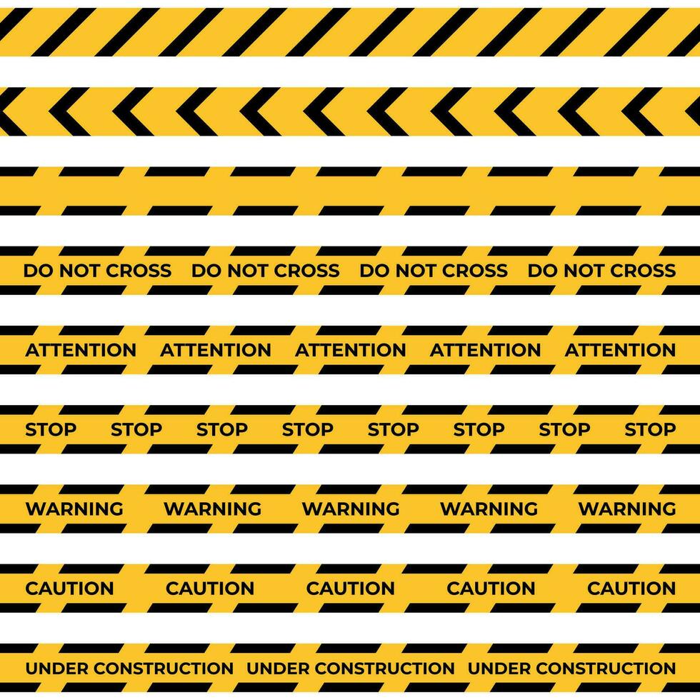 Warning tape set. Horizontal seamless borders. Black and yellow line striped. Vector illustration