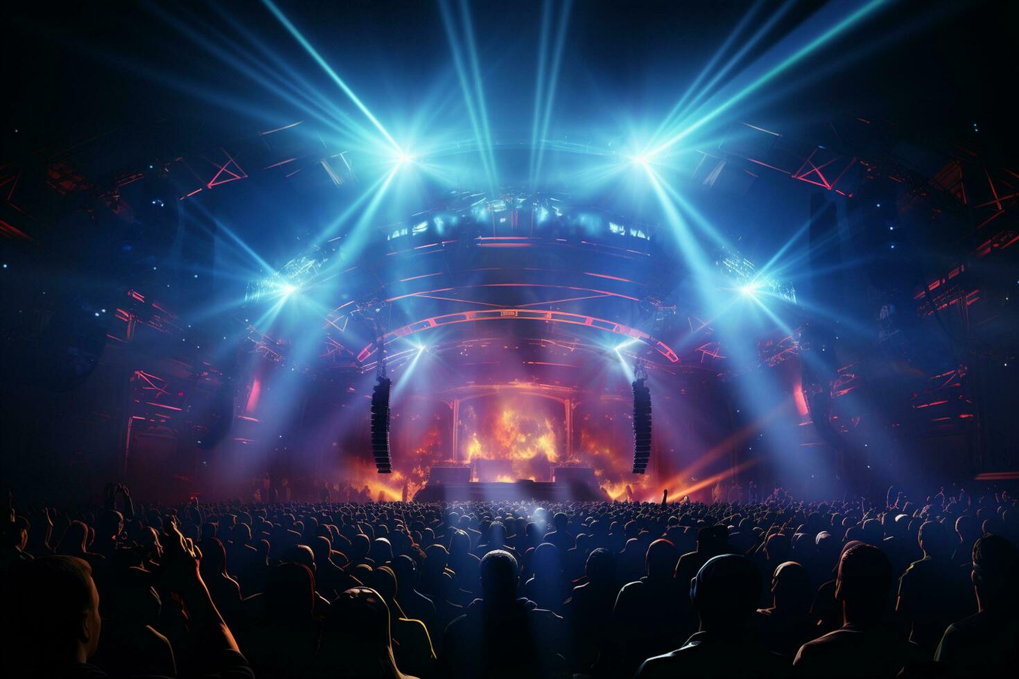 Ai generative Crowded Concert Stage Scenery With Spotlights and Colored Lights realistic image, ultra hd photo