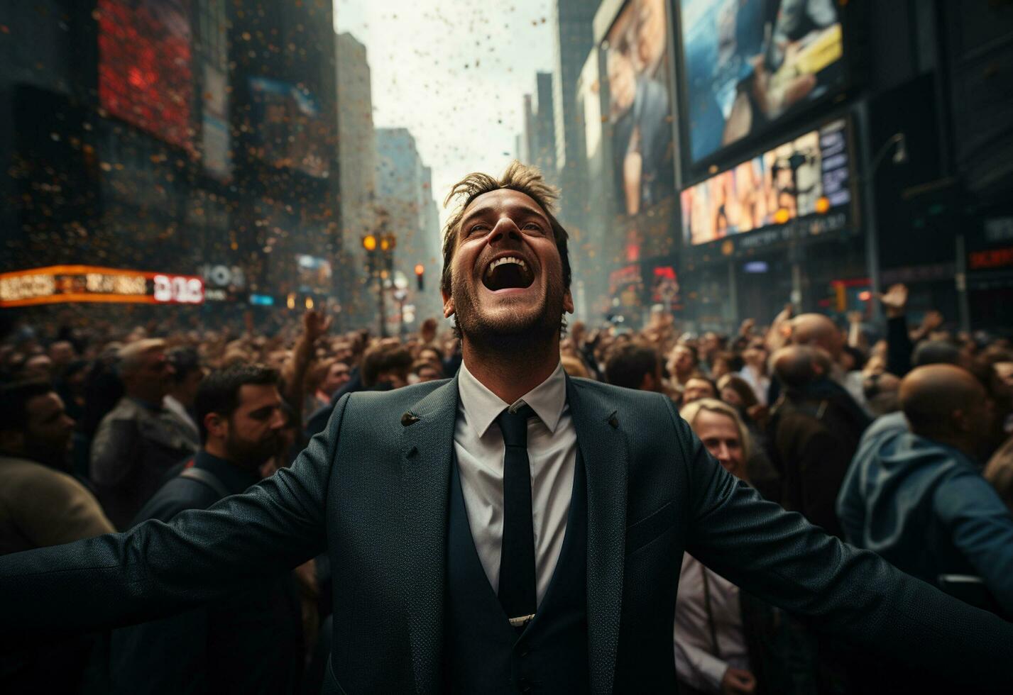 Ai Generative sucessfull business man celebrate his sucess on a crowded street morning picture taken from drone realistic image, ultra hd, high design very detailed photo
