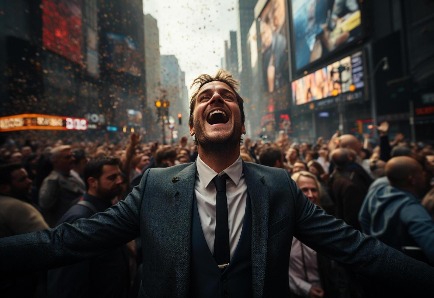 sucessfull business man celebrate his sucess on a crowded street morning picture taken from drone realistic image, ultra hd, high design very detailed photo