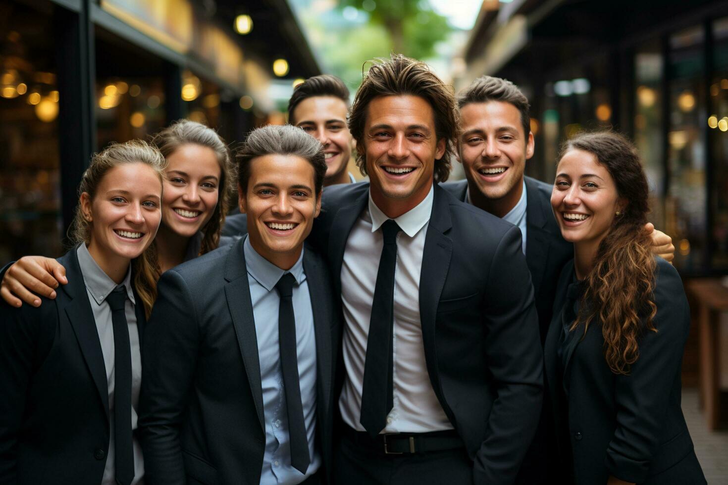 Ai Generative group of happy business man and business women, dressed in suits are smiling, in the office photo