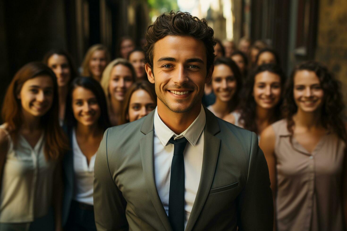 ai generativo grupo de contento negocio hombre y negocio mujer, vestido en trajes son sonriente, en el oficina foto