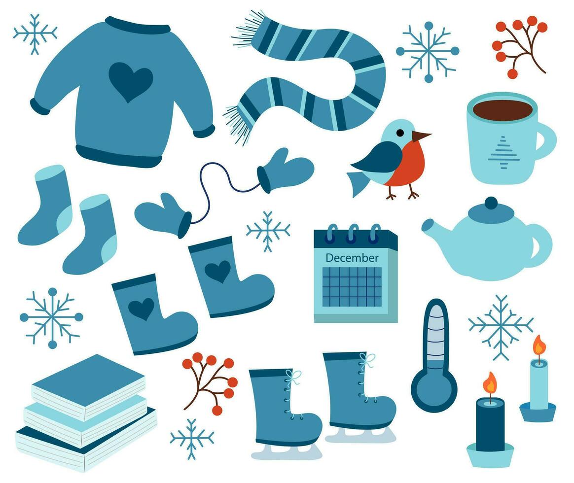 Winter elements set. Sweater, socks, boots, scarf, mittens, skates. Teapot and cup. Calendar December. Bird bullfinch. Snowflakes. Candles and books. Vector flat illustration.