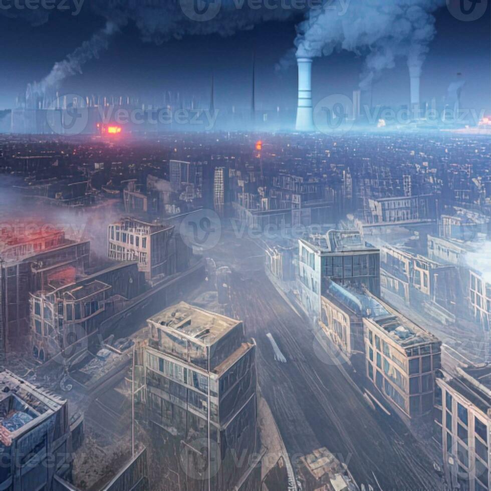 crepúsculo en un futurista ciudad, noche metrópoli, imagen en azul tonos, ai generado foto