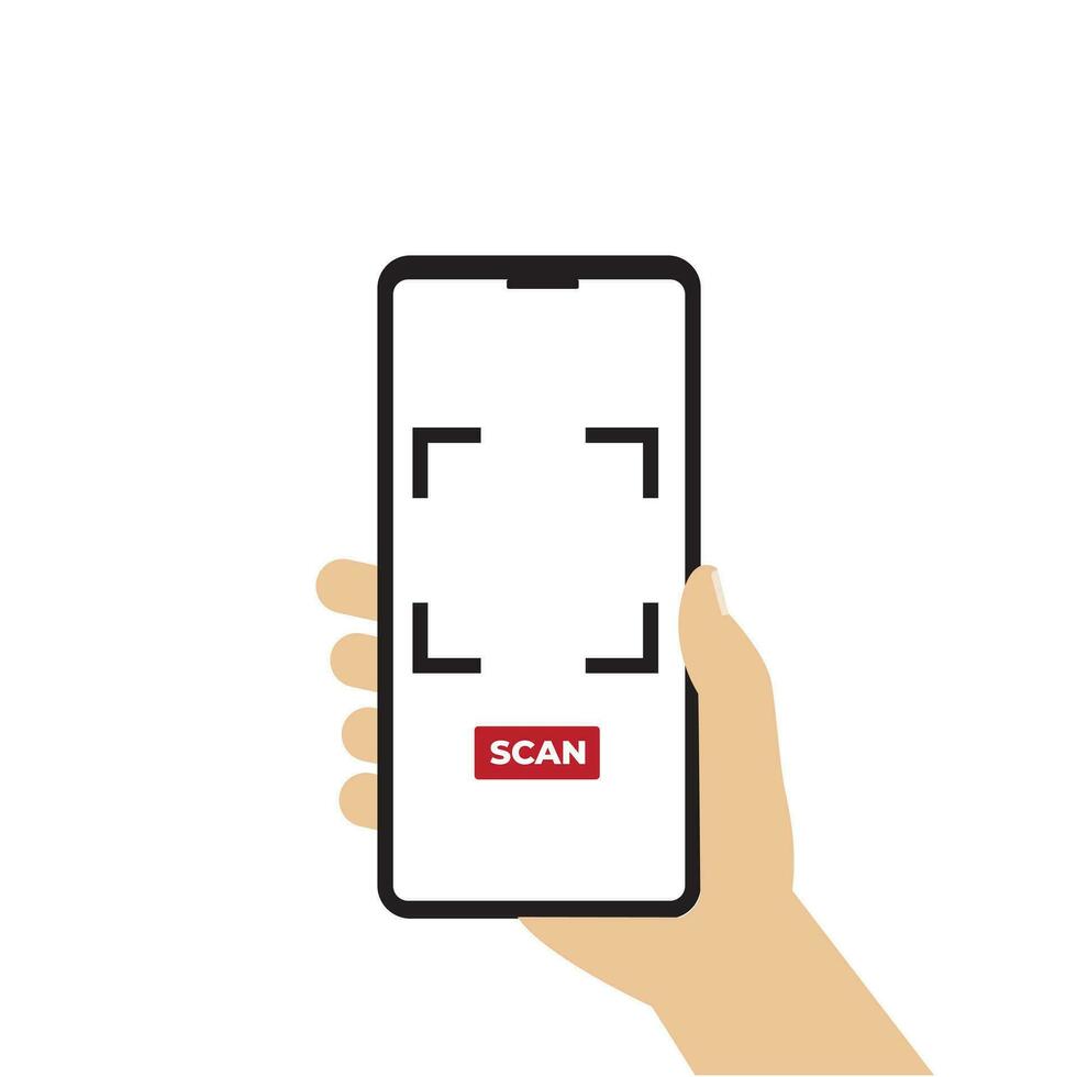 Hand holding phone with scan button on screen,  Vector flat design