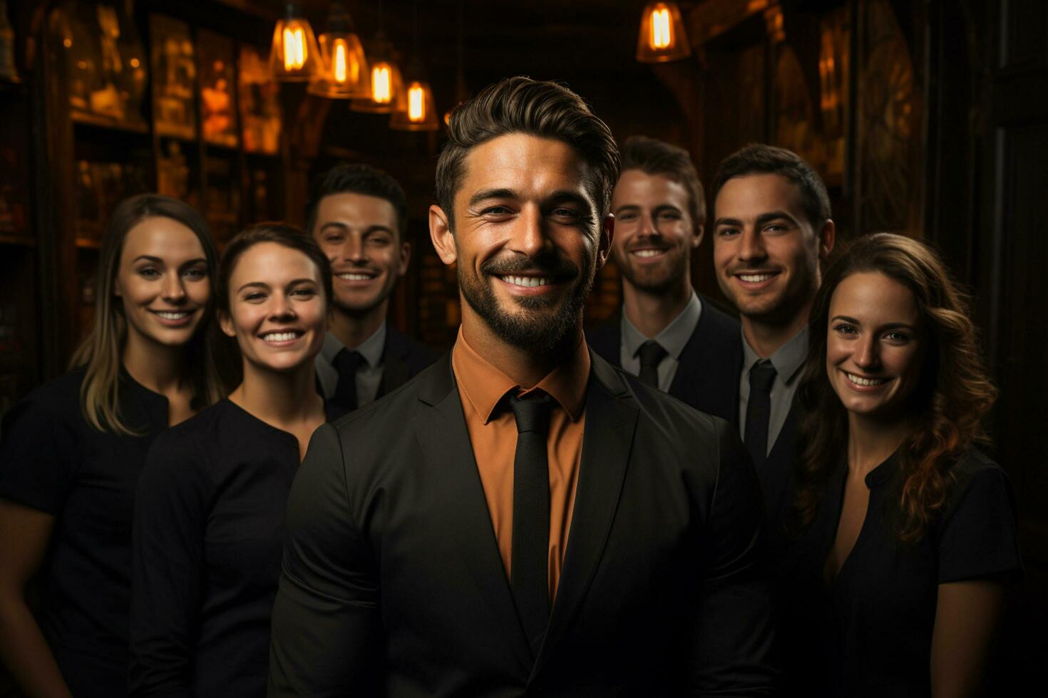 Ai Generative group of happy business man and business women, dressed in suits are smiling, in the office photo