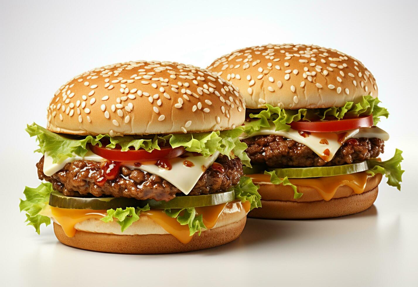 Ai generative Double hamburger isolated on white background Fresh burger fast food with beef and cream cheese realistic image, ultra hd, high design very detailed photo
