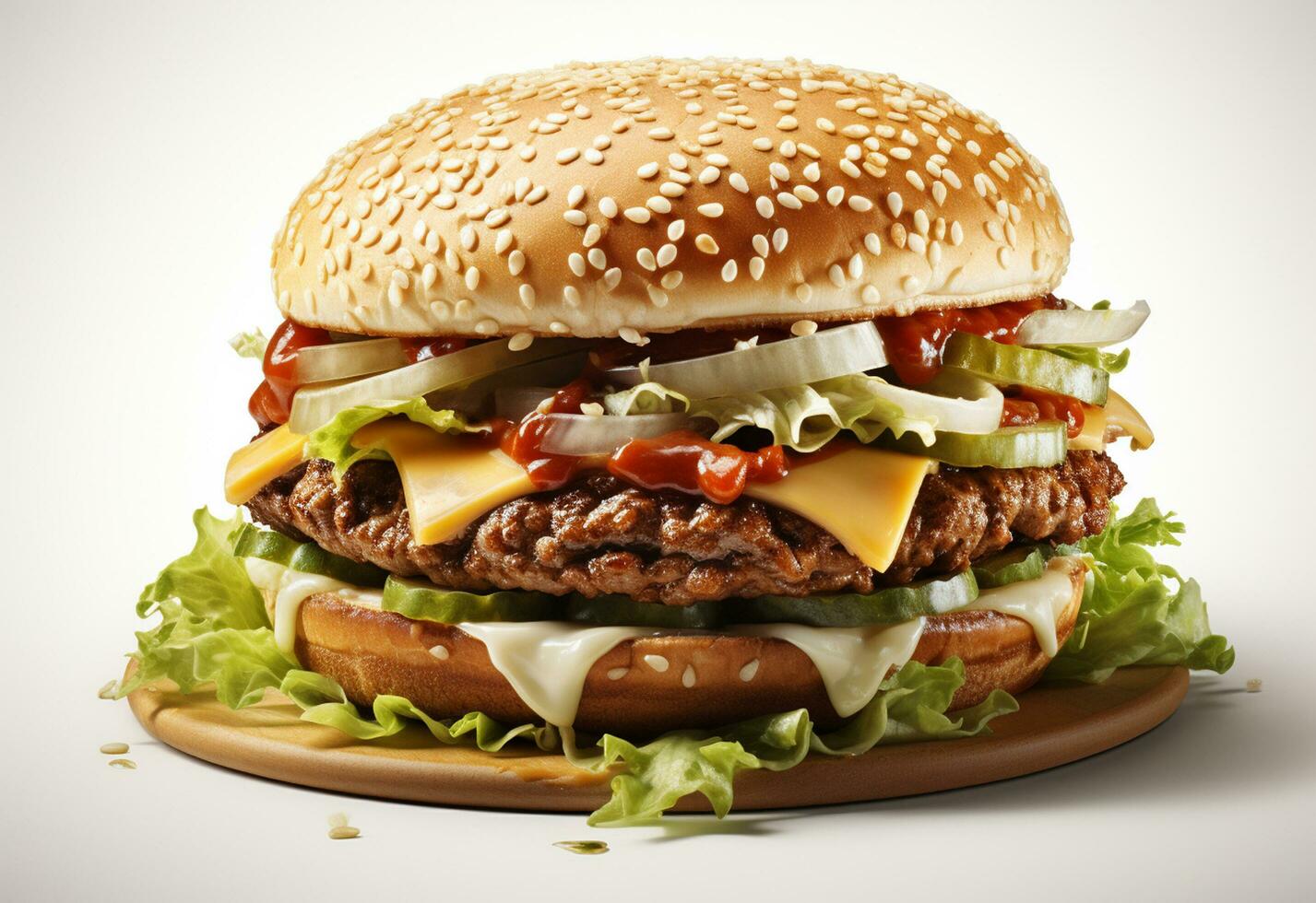 ai generativo doble hamburguesa aislado en blanco antecedentes Fresco hamburguesa rápido comida con carne de vaca y crema queso realista imagen, ultra alta definición, alto diseño muy detallado foto