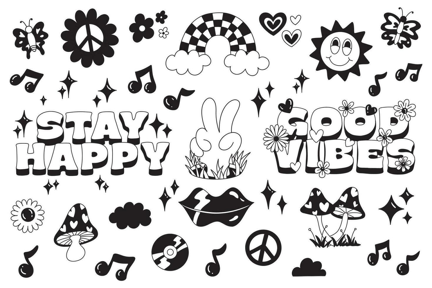 Set of hand drawn retro groovy elements. hippy collection. vector illustration