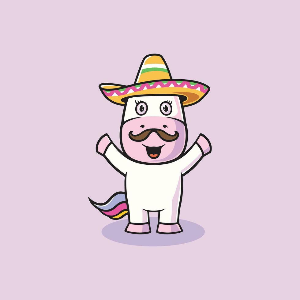 Cute unicorn with mexican hat cartoon illustration vector