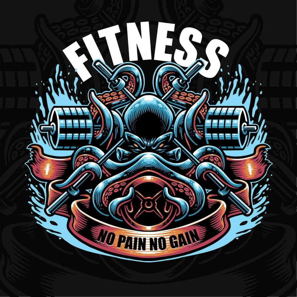kraken octopus mascot fitnes gym crossfit barbell logo vector