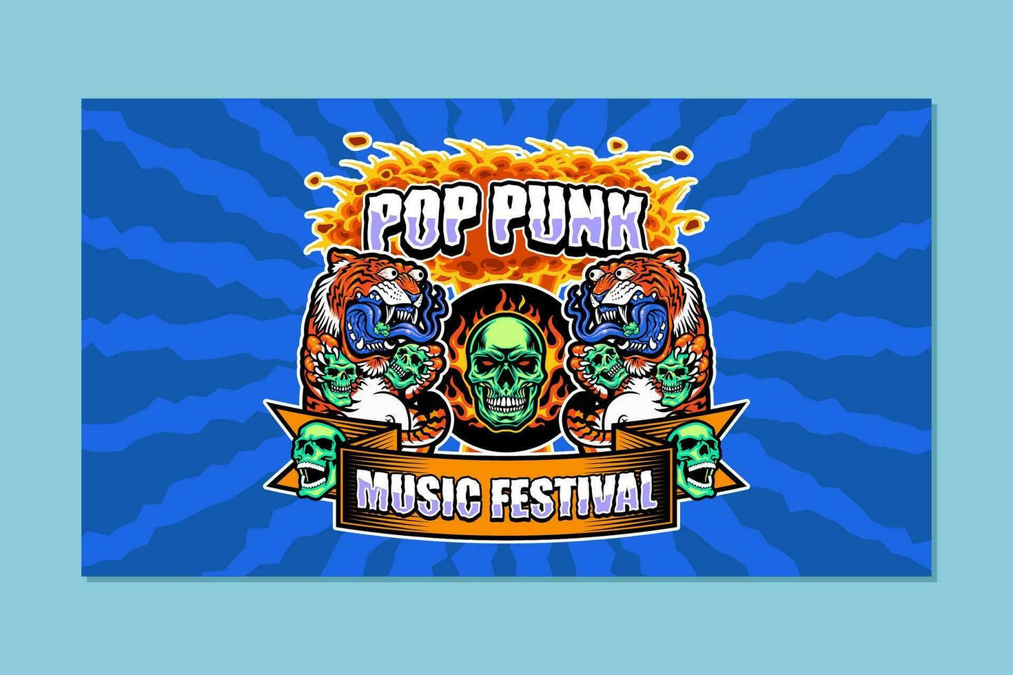 pop punk music festival badge logo design skull and tiger background vector