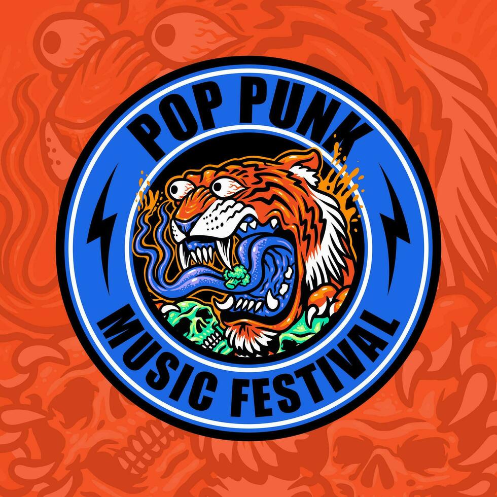 tiger mascot pop punk music festival round badge logo design vector