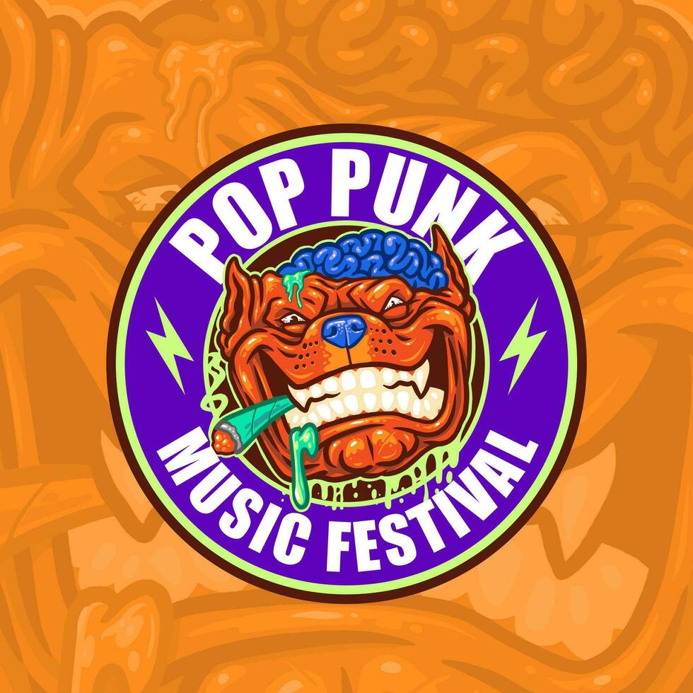 bulldog cartoon smoking weed mascot badge design logo pop punk music vector