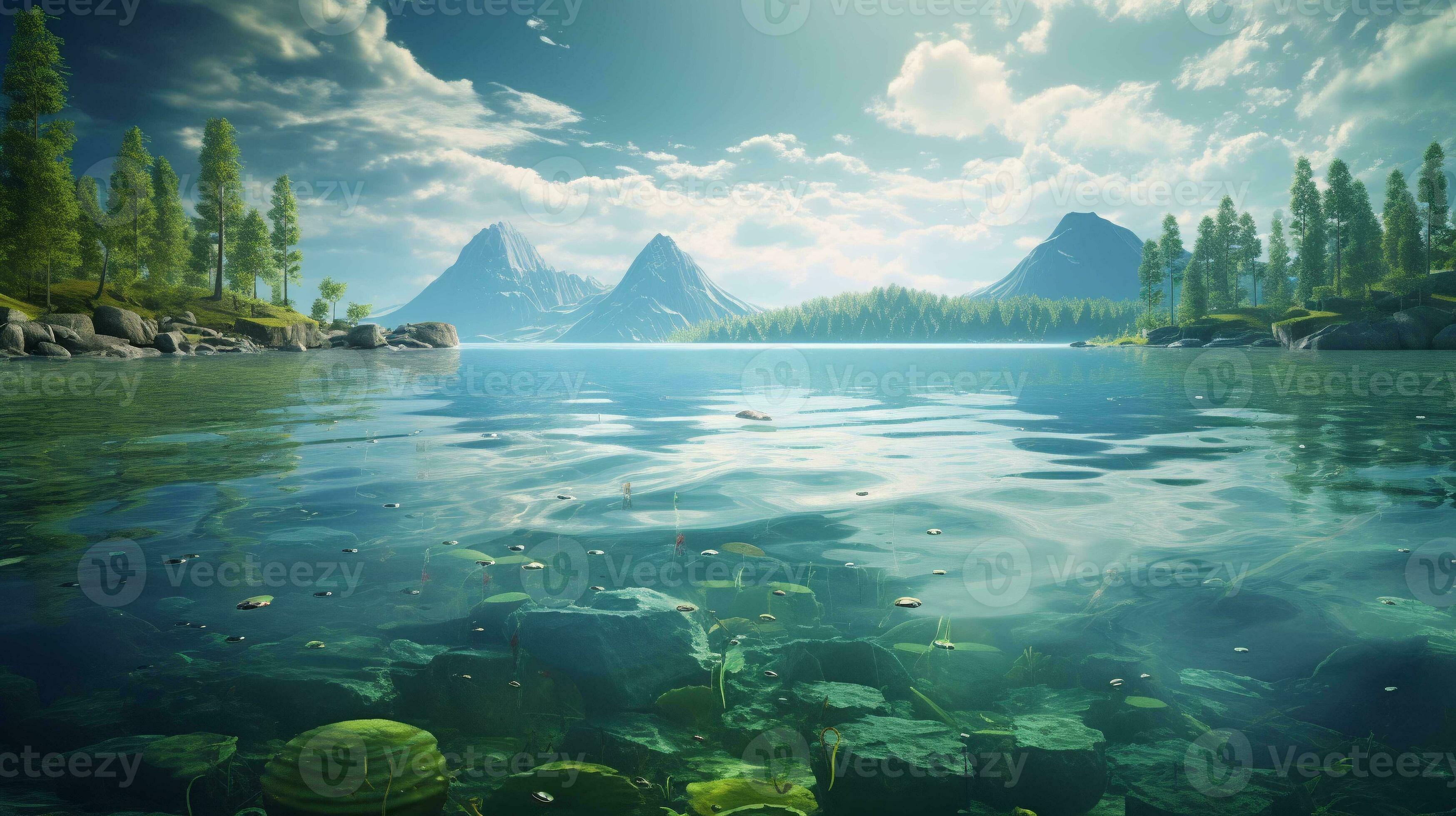 Captivating wide angle view of a serene, magical lake, an enchanting