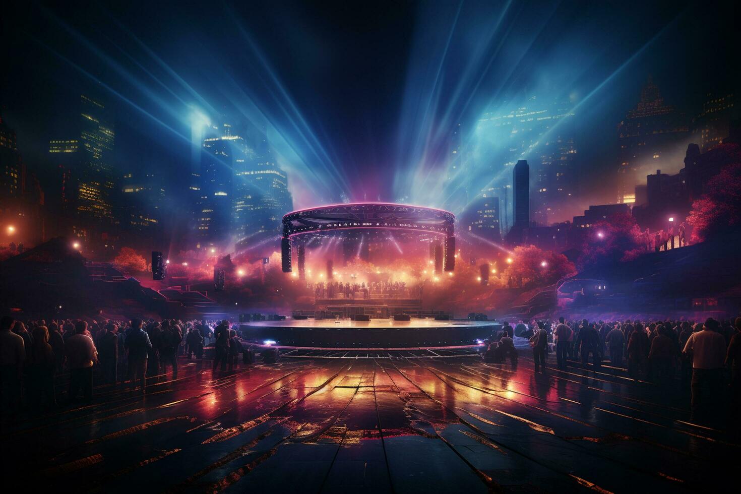 Ai generative Crowded Concert Stage Scenery With Spotlights and Colored Lights realistic image, ultra hd photo