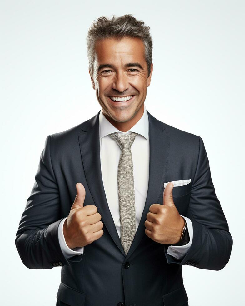 Ai generative photo business concept portrait of excited man dressed in formal wear giving thumbs up