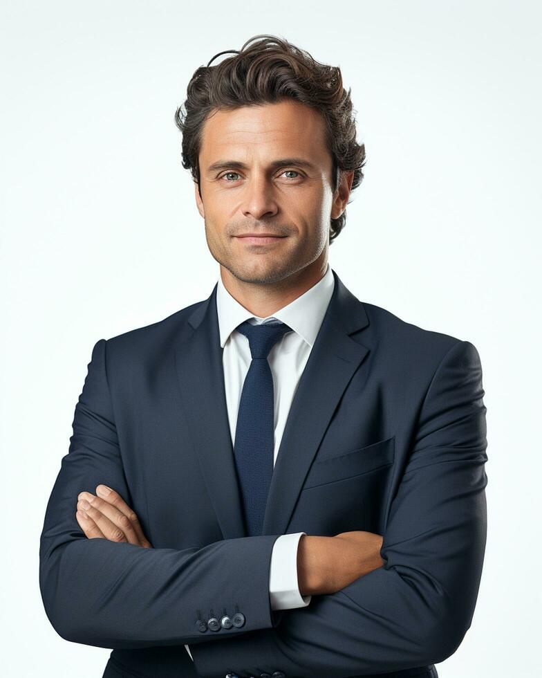 Ai Generative Photo happy businessman standing with arms crossed isolated on white background