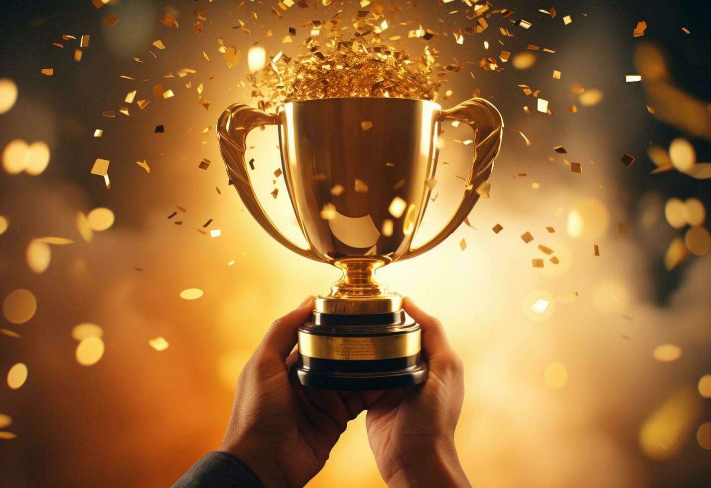 ai generativo mano participación oro trofeo taza con papel picado. celebrando con trofeo premio para éxito realista foto