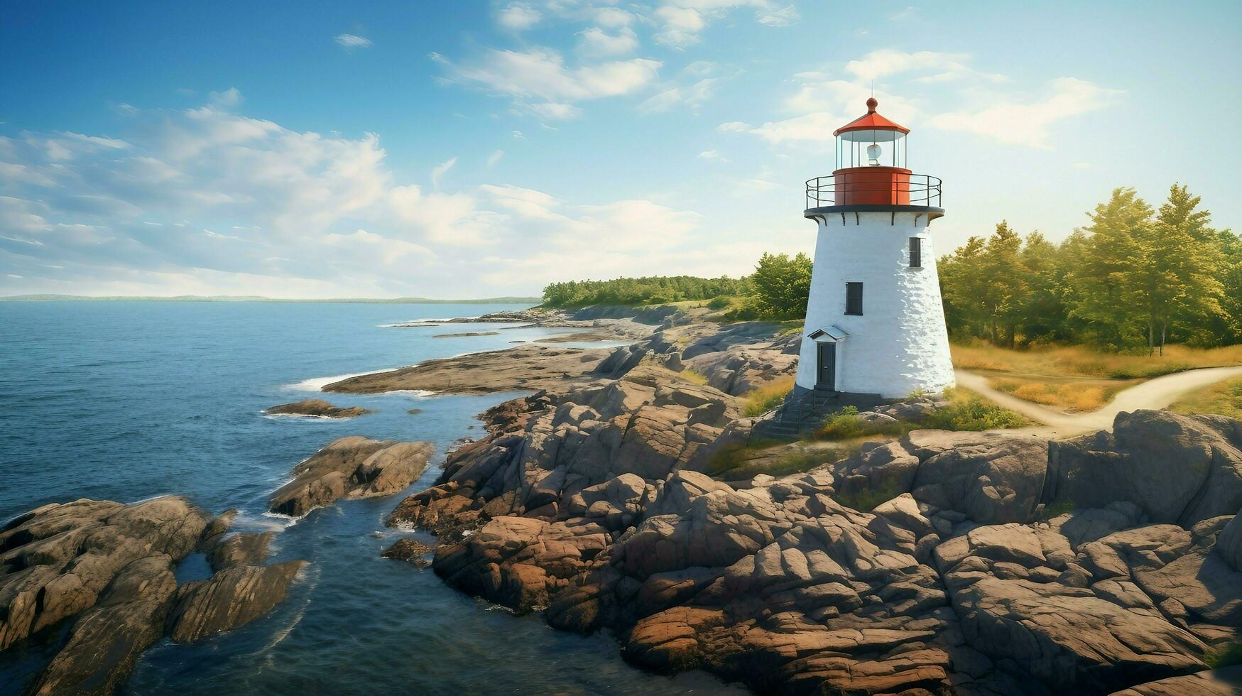A lighthouse on the rocky shoreline of a lake with stormy skies AI Generated photo