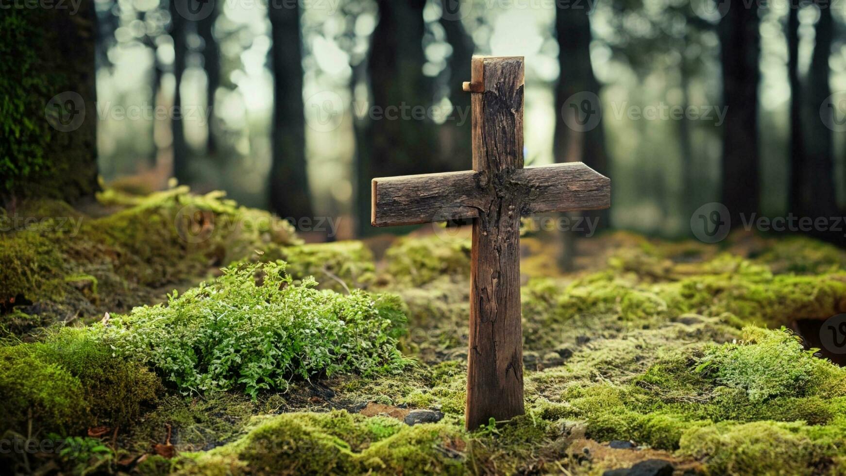 Forest dig cemetery, funeral background - Wooden cross on moss. Natural burial grave in the woods. Ai Generative. photo