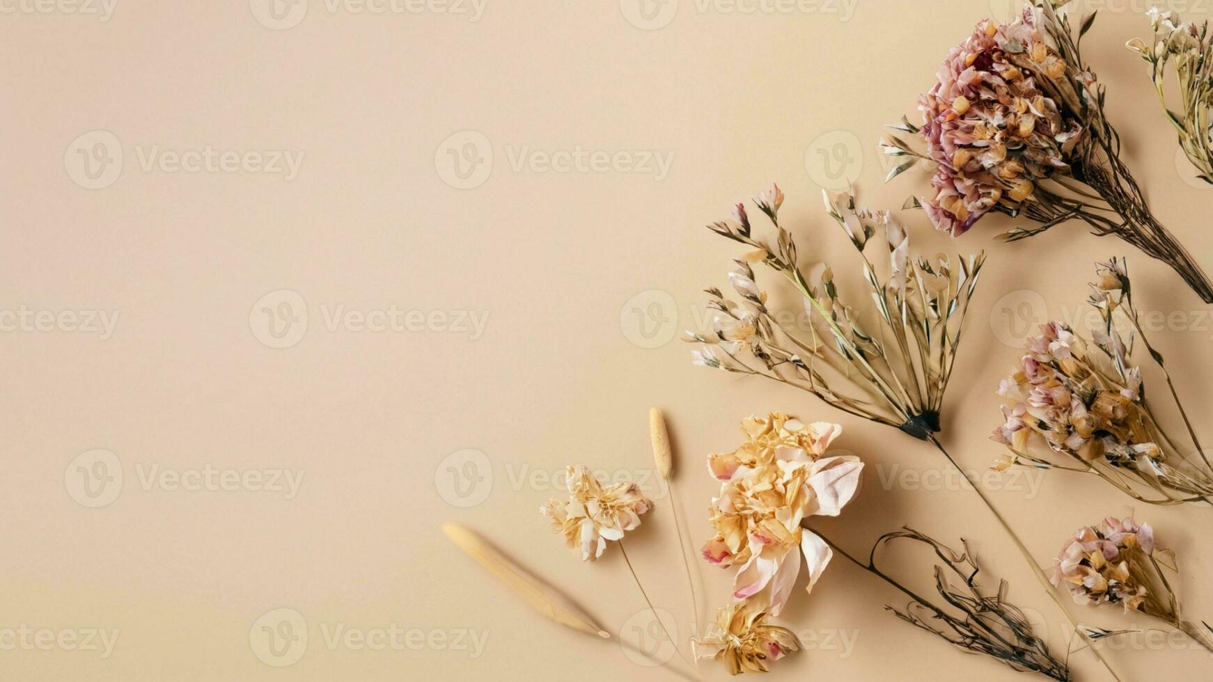 Flowers composition. Dried flowers on beige background. Flat lay, top view. Ai Generative. photo