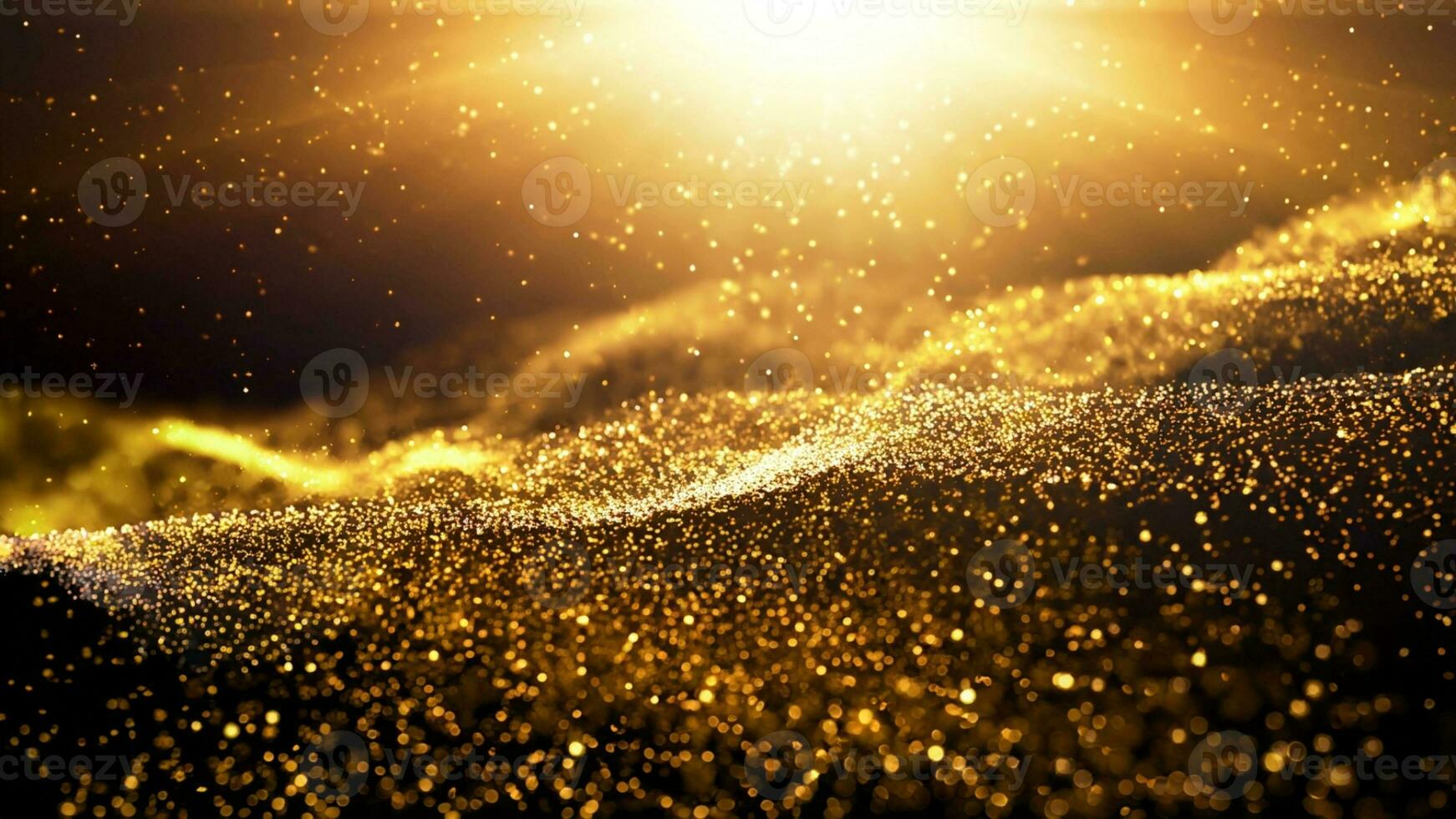 Digital Gold Particles Wave and light abstract background with shining floor particle stars dust. Futuristic glittering Luxury golden sparkling on black background.. AI Generative photo