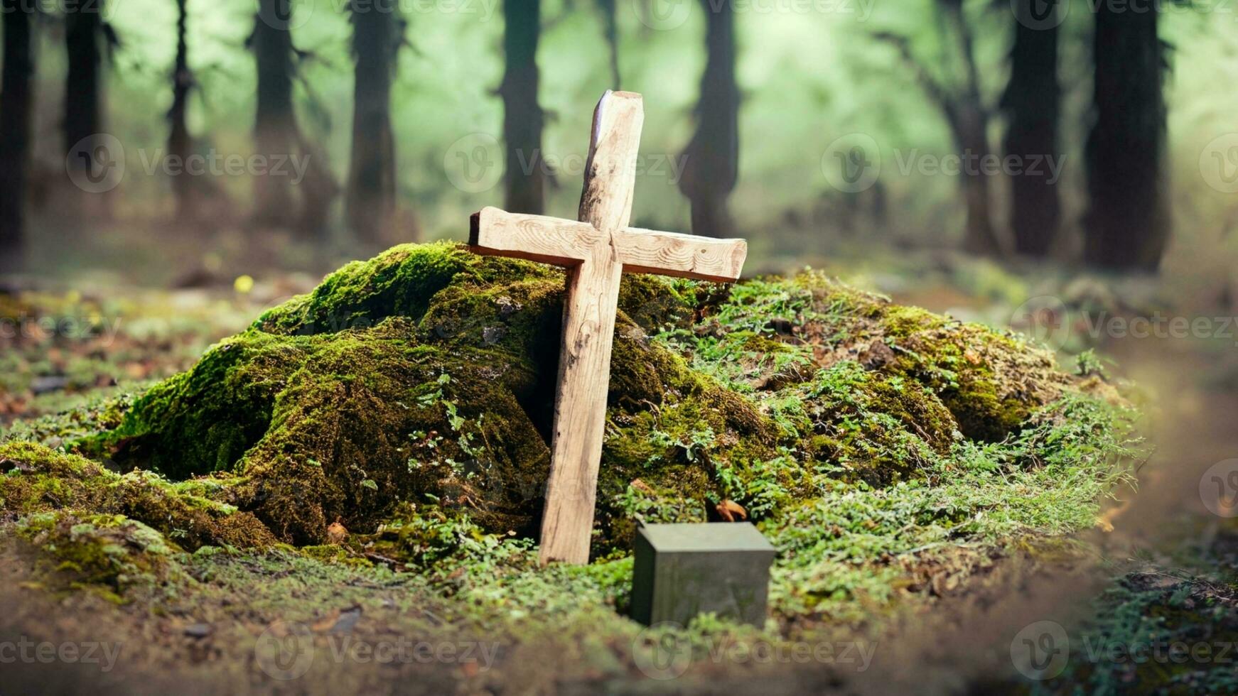 Forest dig cemetery, funeral background - Wooden cross on moss. Natural burial grave in the woods. Ai Generative. photo