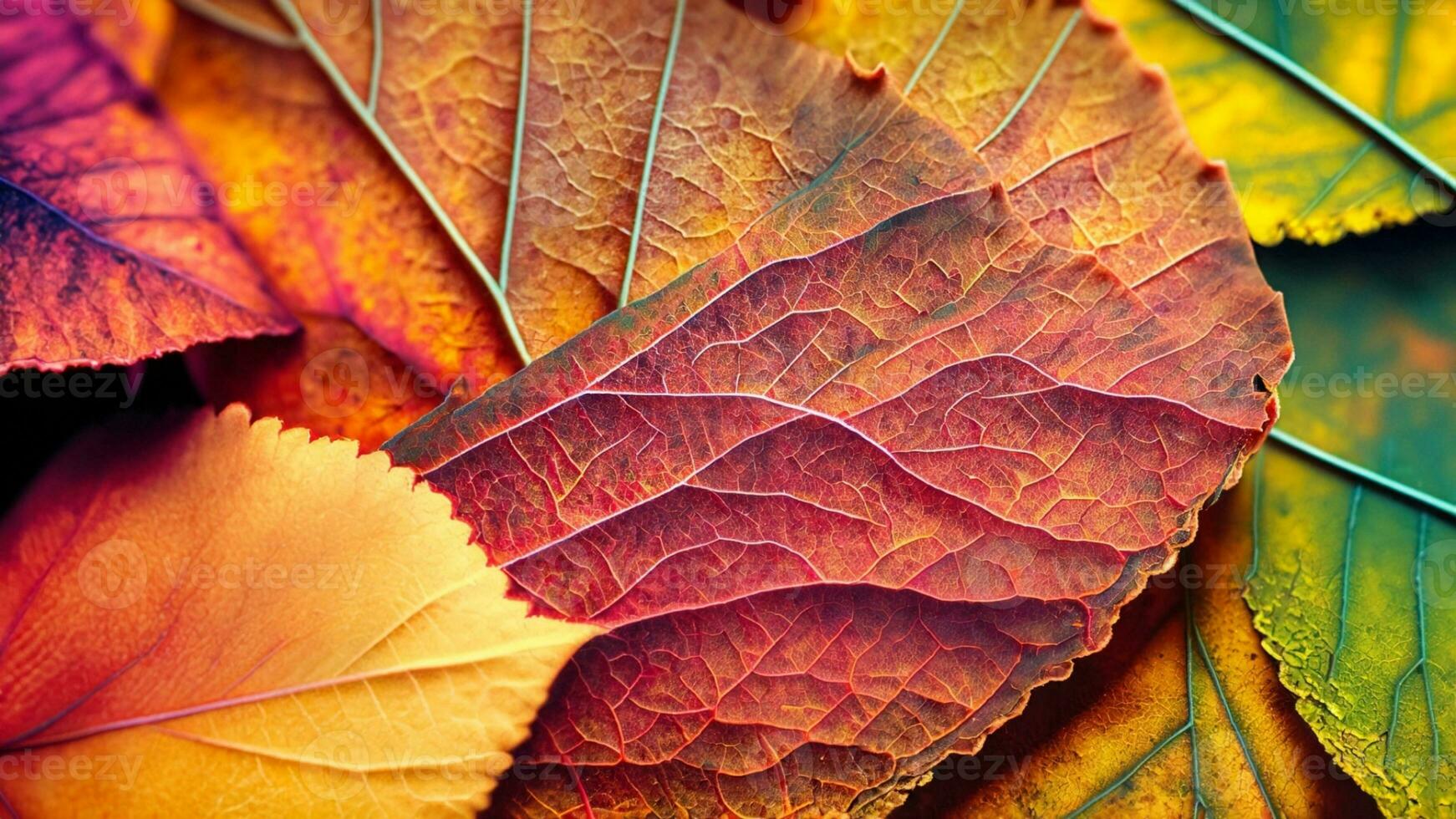 Close up of autumn leaves. Multicolored fall leaves. Colorful autumn leaves. Ai Generative. photo