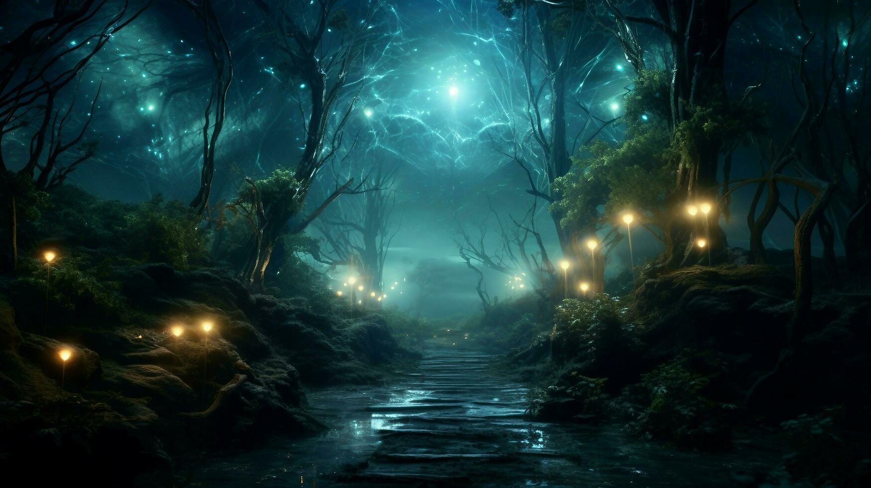 Dark fantasy forest with light and trees AI Generated photo