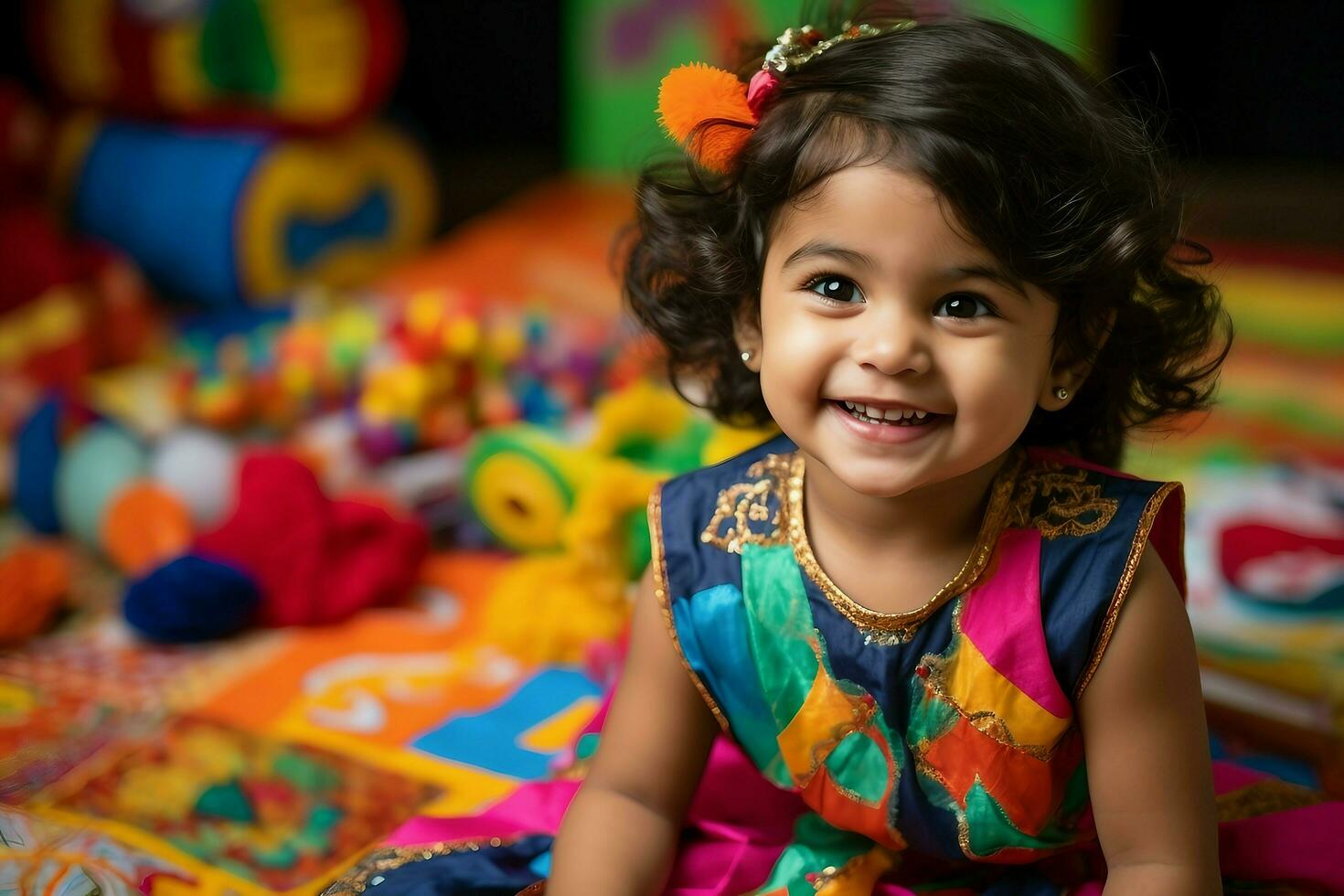 A cute little indian girl smiles while sitting on a colorful rug AI Generated photo